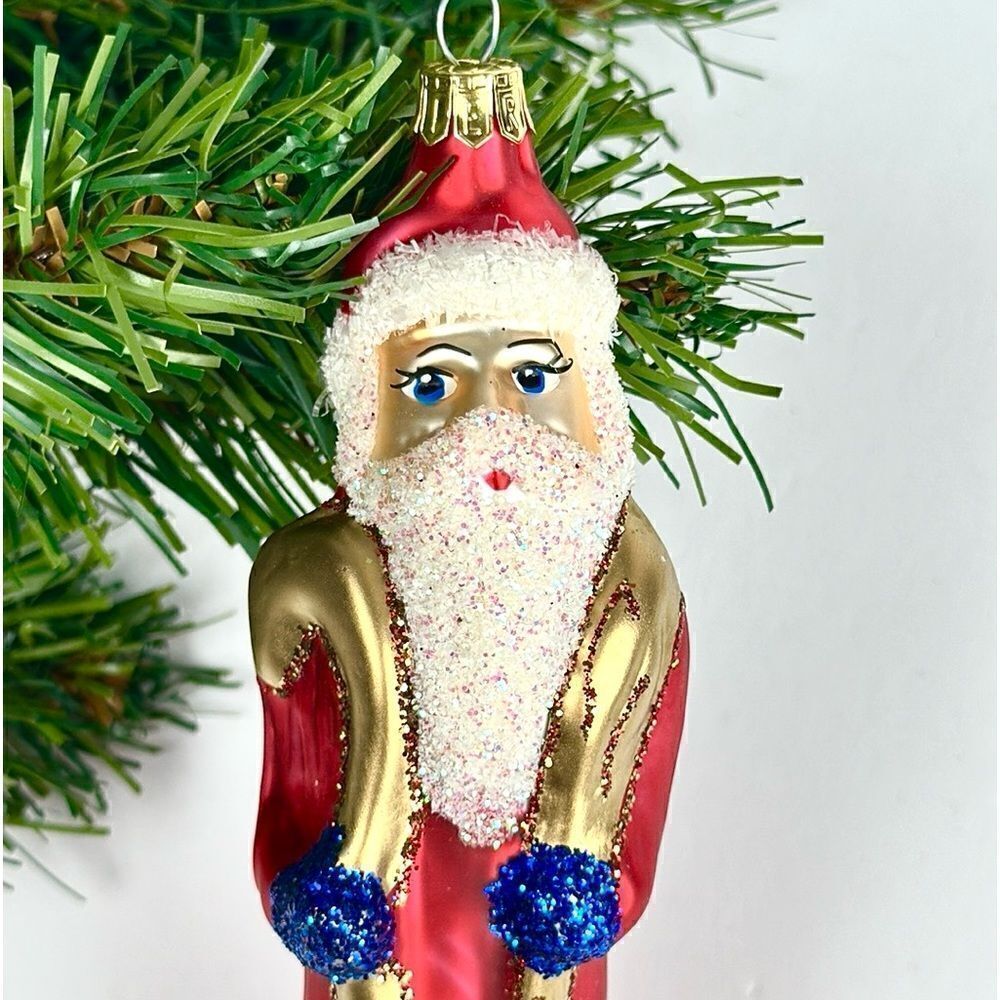Vintage PIER 1 Blown Mercury Glass Santa Christmas Ornament Red White Gold